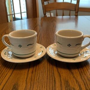 Longaberger Coffee Cups and Saucers, Heritage Green. Set of 2.